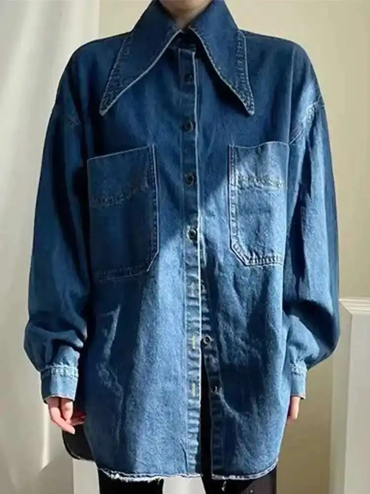 

Denim Blue Shirt Women Single Breasted Long Sleeve Temperament Fashion Blusas Loose Top Autumn Spring New