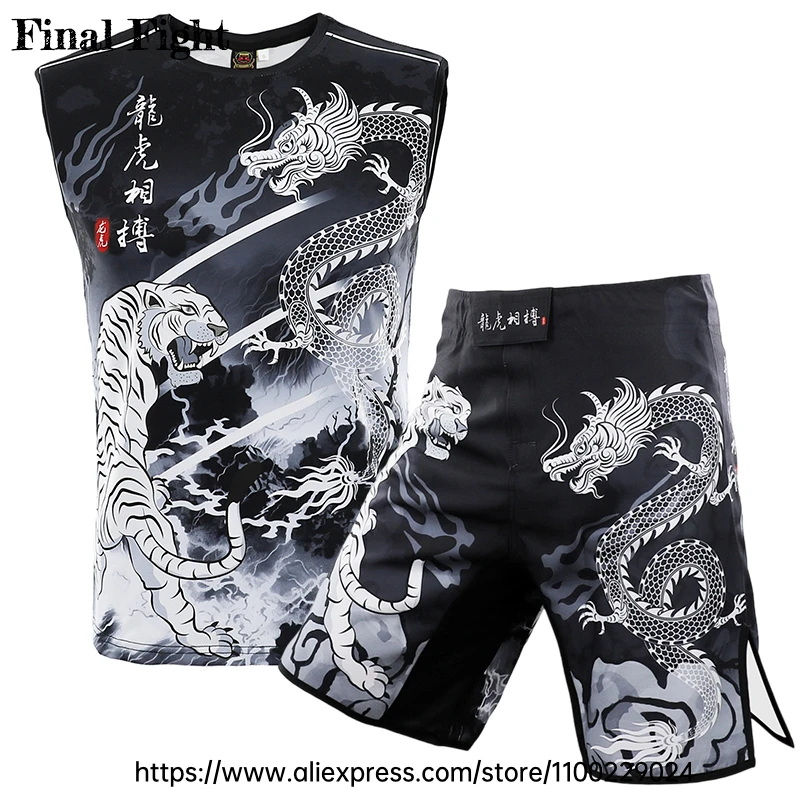 

MMA Boxing Shorts Rashguard Men Women Dragon Kickboxing Fight Shorts Martial Arts Jiu Jitsu Training Muay Thai Shorts Shirt Set