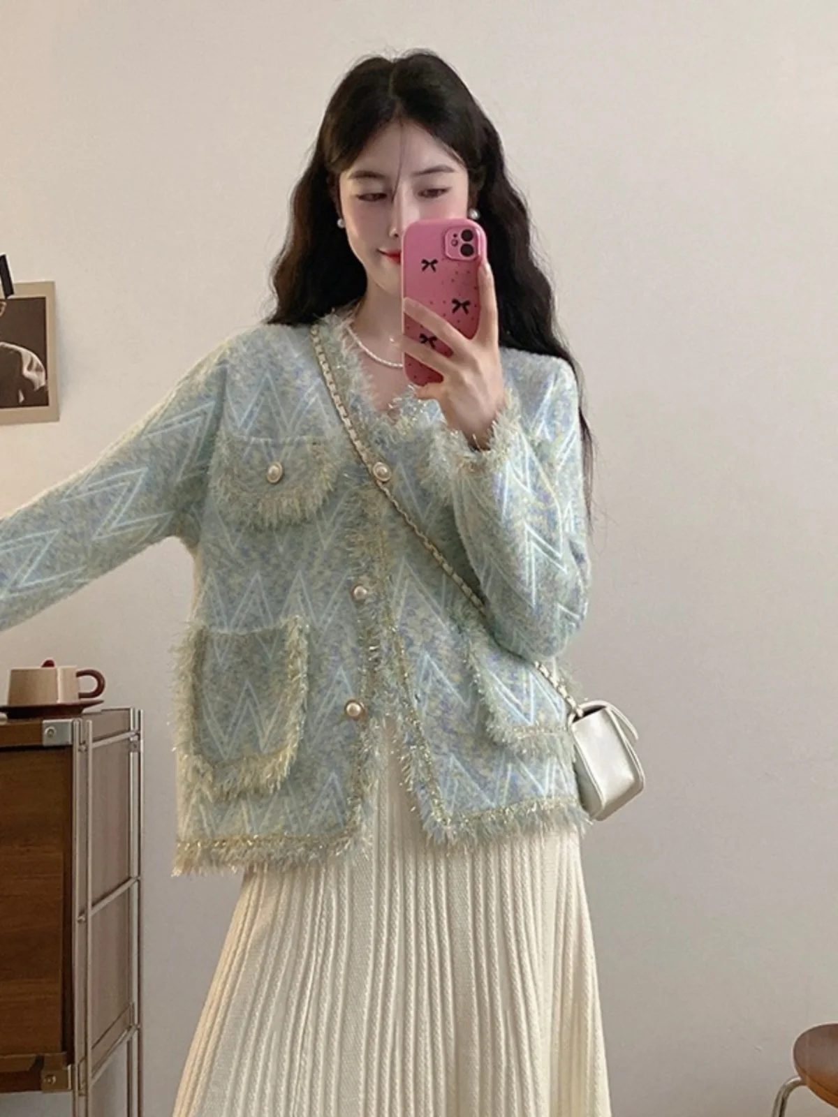 

plus Size V-Ne Knitwear Outerwear Women's Faion Autumn New Slimming Ele Knitted Open Cardigan Top Large Size