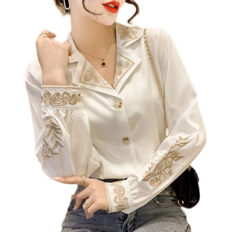 Chiffon Women\'s Blouse Large Size Embroidery Shirt Summer Elegant Long Sleeves Loose Korean Style Top Female Clothing