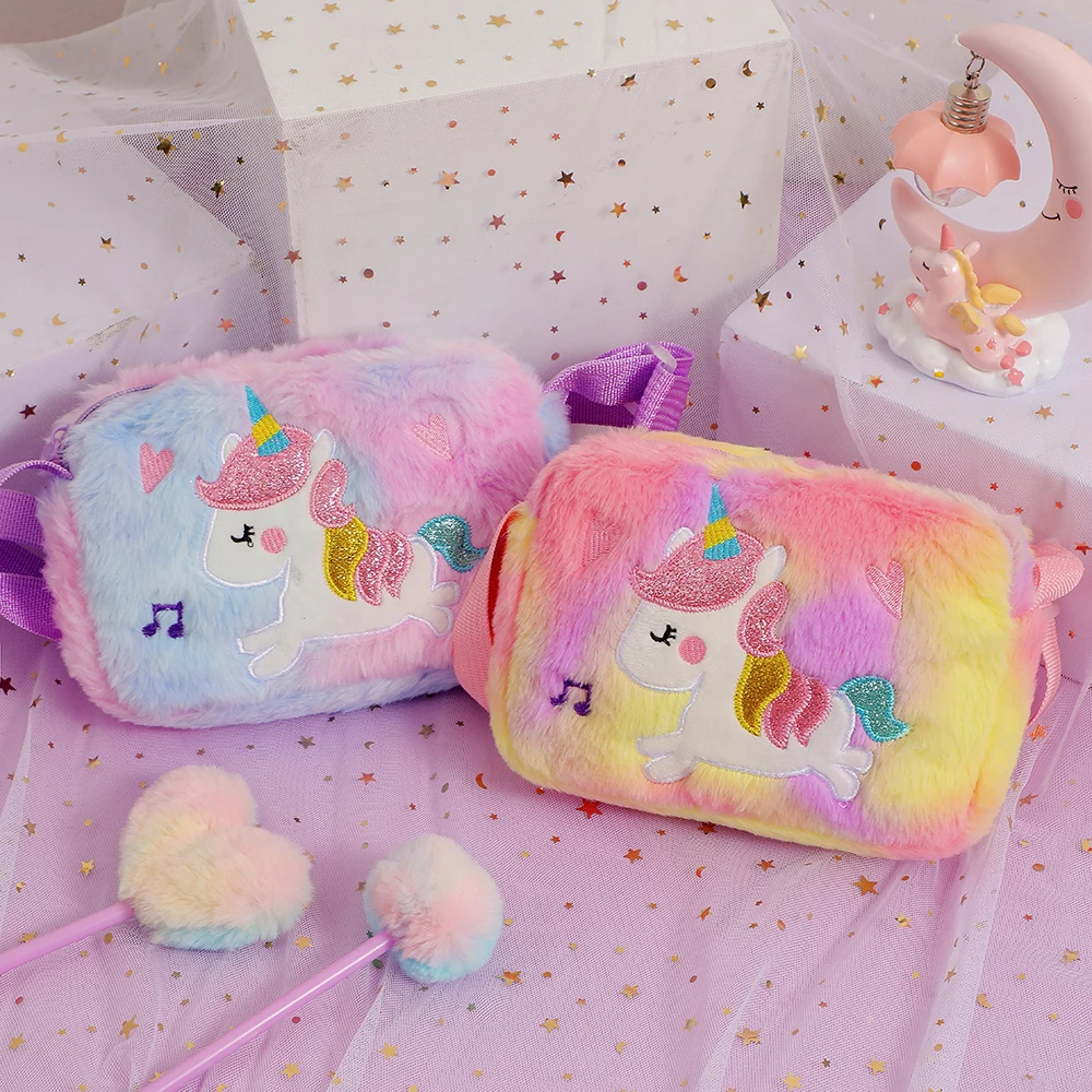 Cute Square Plush Crossbody Bag Girls Cartoon Rainbow Unicorn Shoulder Bag Zero Wallet Kindergarten Children Gifts