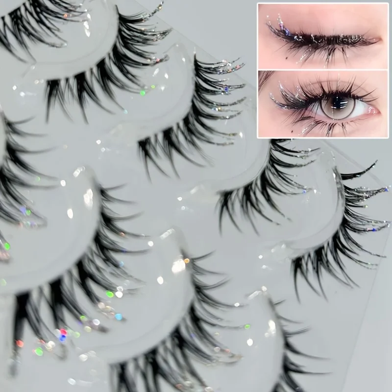 Mixiaohe Diamond Shimmer Eyelashes 5 Pairs C Curl Thin Band Dazzling Look Ideal for Party Festival Stage Makeup