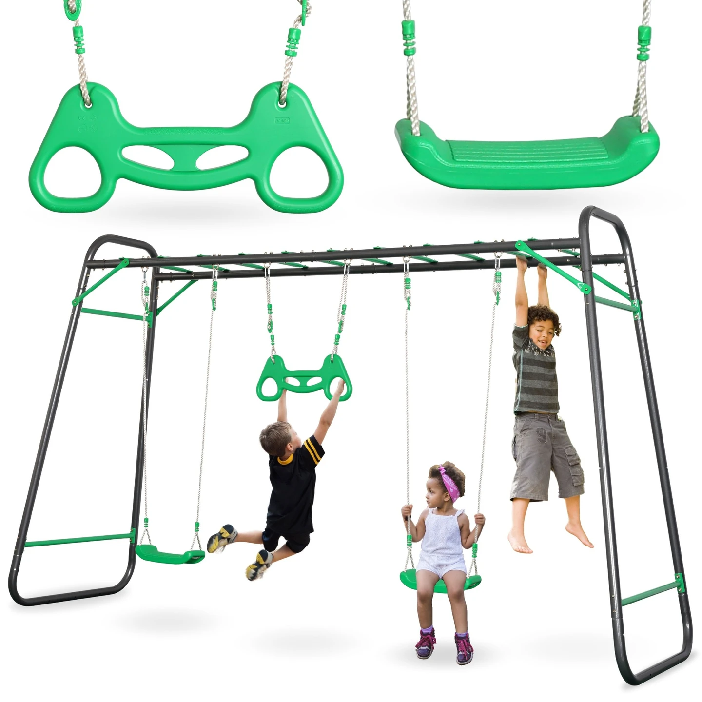 HyperMotion Große Stahl-Gartenschaukel mit 2 Sitzen, Leiter und Gymnastik-Trapez für Kinder ab 3 Jahren