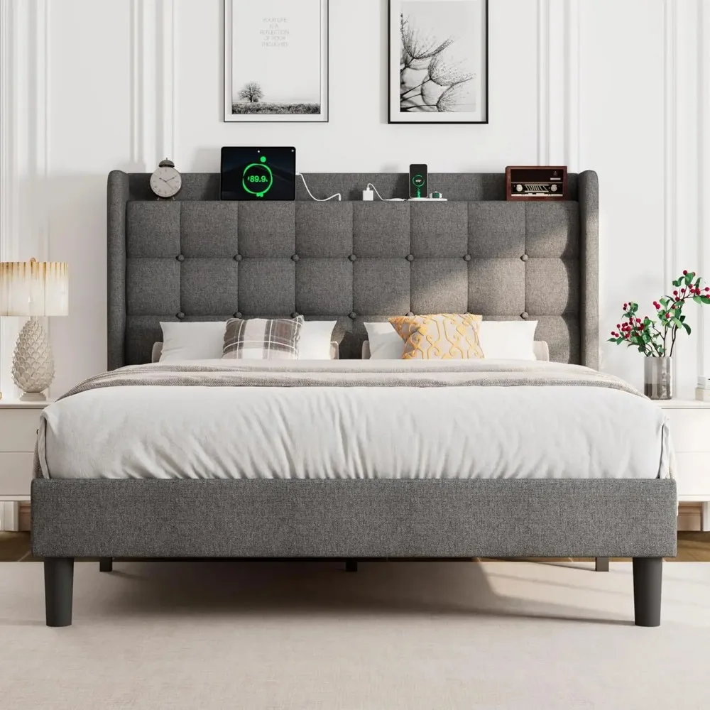 

Full Size Bed Frame with Charging Station, Modern Wingback Storage Headboard, Solid Wood Slats Support, No Box Spring Needed