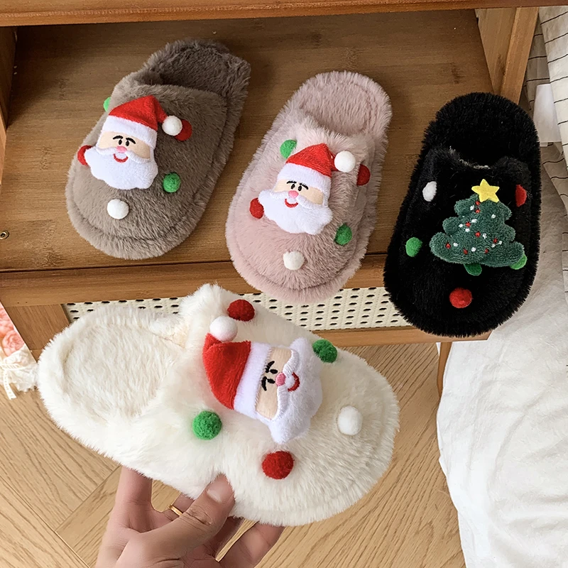 

Children's Winter Plush Slippers Christmas Santa Tree Decor Comfy Open - Toe Kids Cotton-padded Cute Shoe Children Fuzzy Slides