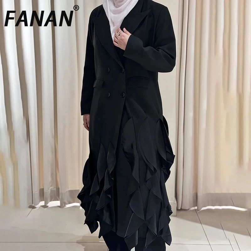 

FANAN Fashion Ruffles Design Trench For Women Double Breasted Long Sleeve Windbreaker Female Coats Temperament 2025 Autumn New