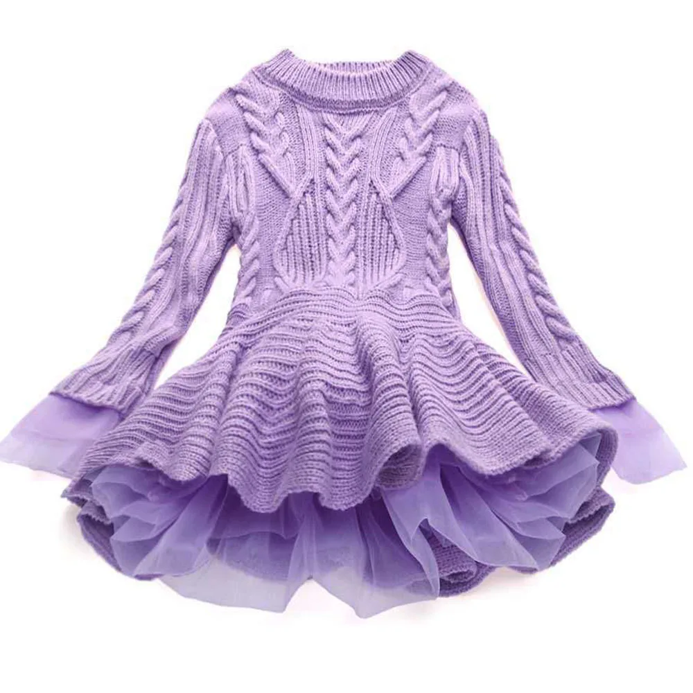 Girl Dress Christmas Wedding Party Dresses Knitted Sweater Chiffon Warm Winter Children Clothing Kids Clothes Baby Girl Dresses