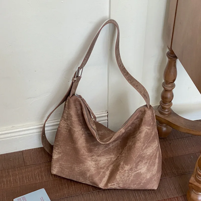 Soft Faux Suede Women Tote Bag Retro Brown Tie Dye Pattern Adjustable Shoulder Strap Daily Work Travel Bag