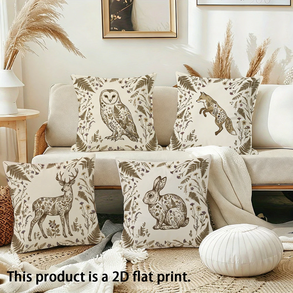 1pc Rustic Forest Animal Throw Pillow Covers, Botanical Wildlife Deer Rabbit Fox Owl Cushion Cases for Home Sofa Bedroom