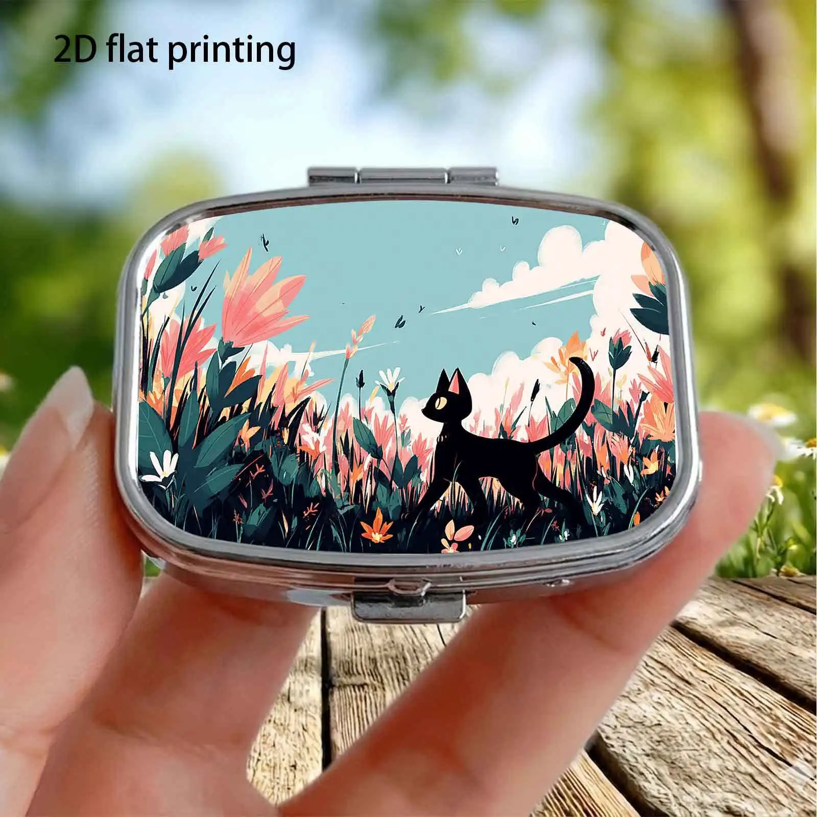 A Black Cat Walking among the Spring Flowers and Grass, Fresh and Healing Watercolor Illustration Design, Small Square Two-Compartment Pill Organizer, Portable Medicine Storage, Can Also Be Used as a Household Portable Organizer, Decorative Box, Perfect for Handbags, Wallets, and Travel, Metal Storage Box, Small Jewelry Organizer, Ideal for Holiday Gifts, Souvenirs, Prizes, and Small Gifts