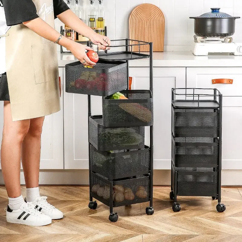 Stainless Steel Black White Swivel Kitchen Rack Floor Trolley Storage Rack Fruit Vegetables