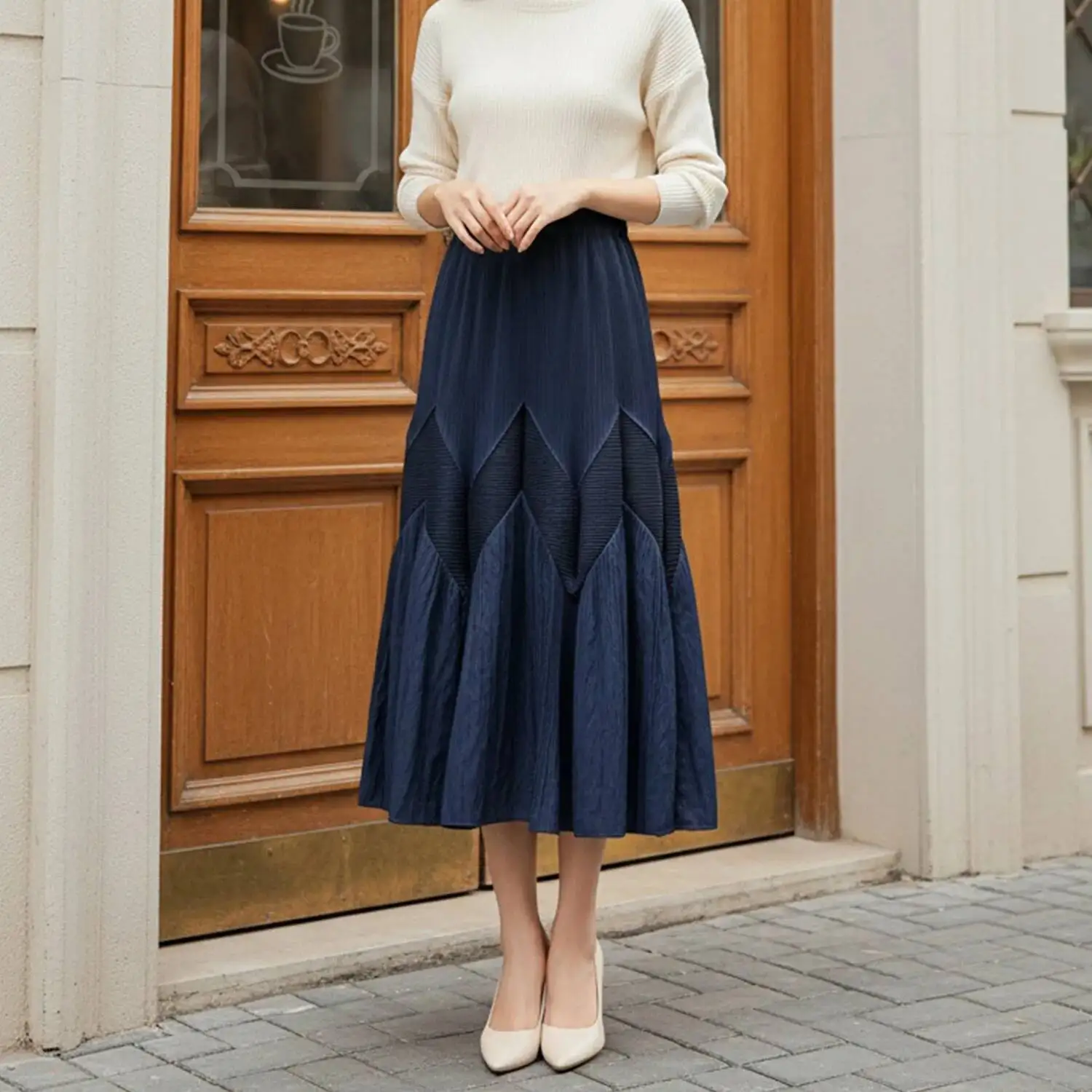 New Women's Chic Flower Bud Skirt Pleated Design Niche Elastic High Waist Solid Color Fashion Mid-Length Skirts 2ONTA