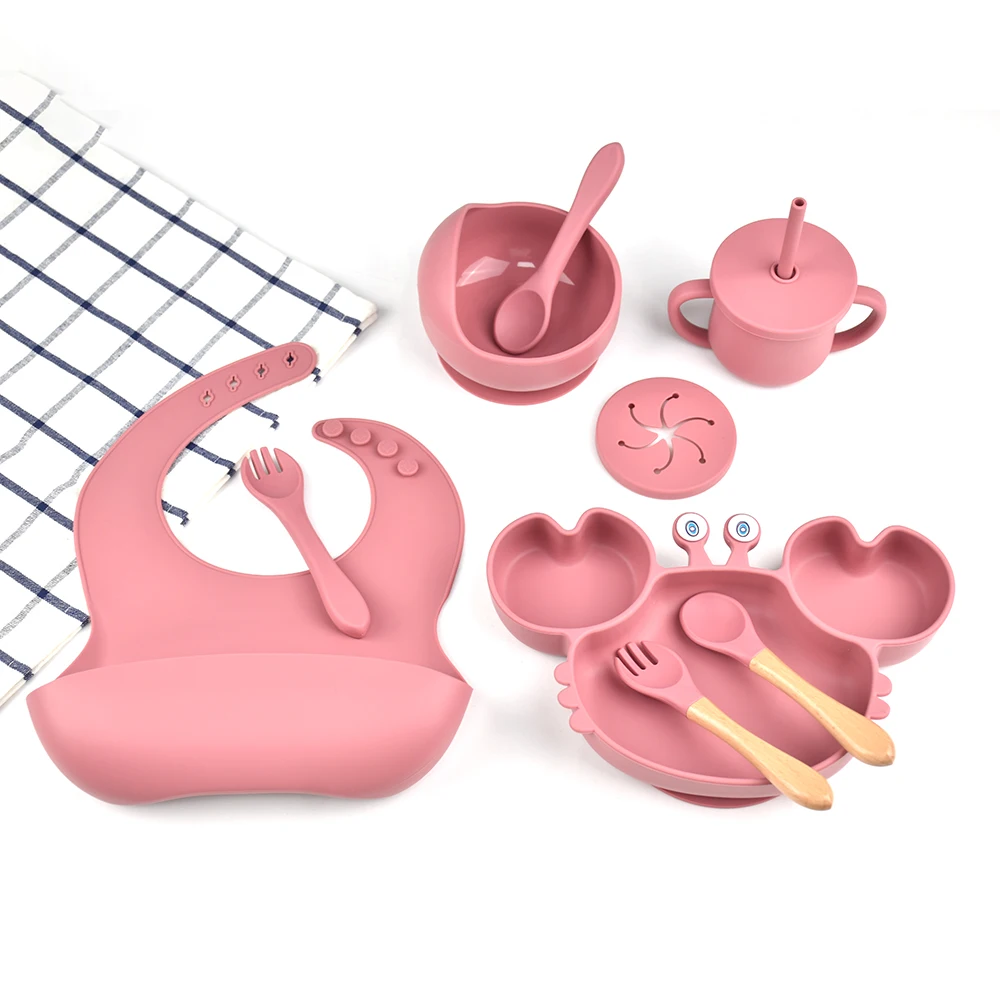 8pcs Silicone Baby Feeding Set Children's Dishes Set Silicone Crab Set Suction Plate and Bowl