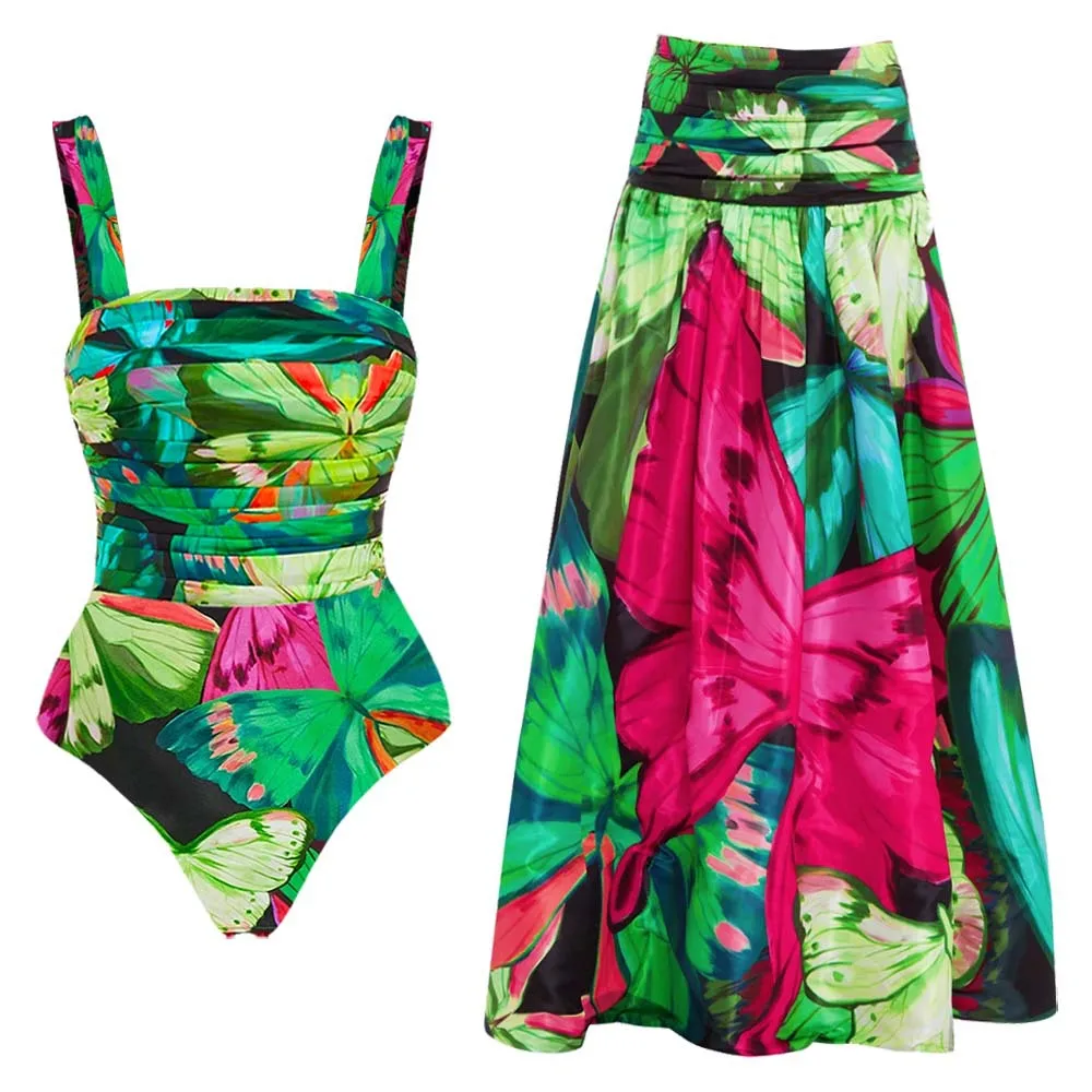 

2024 Sexy One Piece Swimsuit High Waist Bikini Set Skirt Vintage Print Women Swimwear Brazilian Female Beach Bathing Monokini