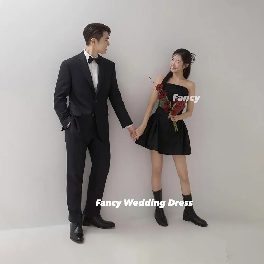 

Fancy Simple Korea Black Wedding Dress Mini Short Sleeveless Prom Gown Back Corset Satin Customized