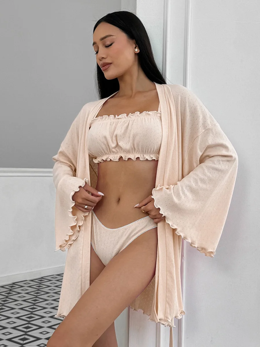 

DriftWear Summer Knitted Casual Nightgowns 3Pcs Set Women Solid V-Neck Long Sleeve Robe Underwear Shorts Loose Home Clothes Suit