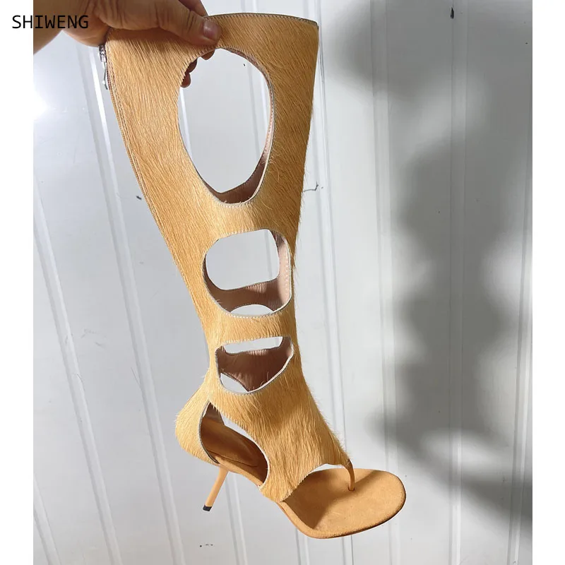 2026 New Women's Fur Gladiator Sandals, Hollow Out Knee High High Heels, Summer Thong Stiletto Sandals for Party