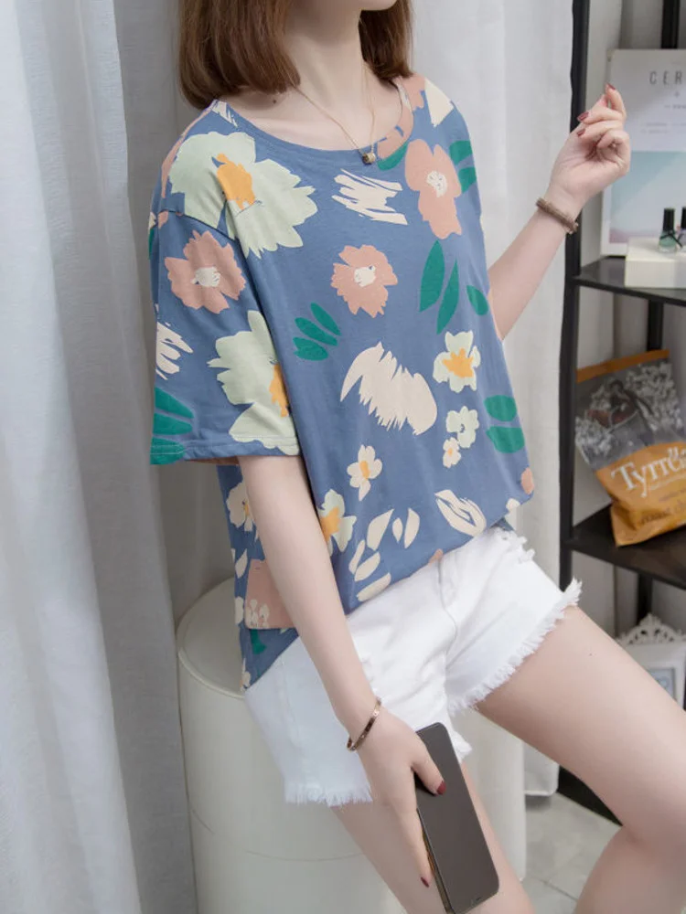 

L-4XL Large Size Cotton T-shirts Women Summer Casual Loose Plant Flowers Print Basic Tops Short Sleeve O-neck Tshirt Female