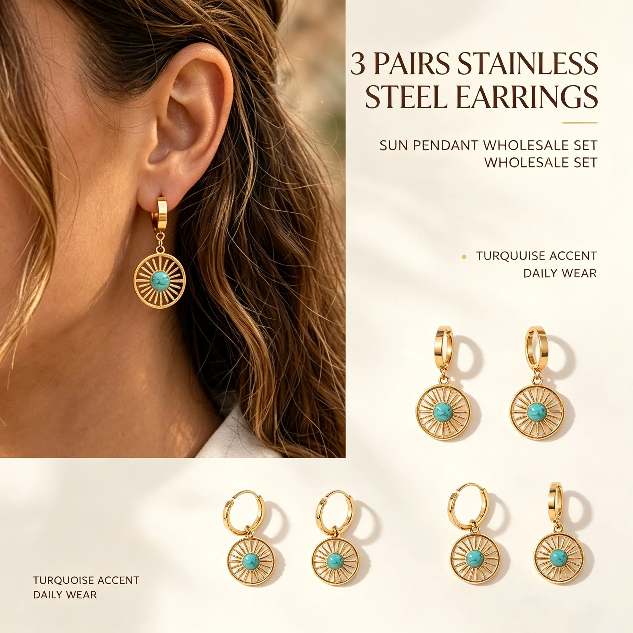 Wholesale 3 Pairs Stainless Steel Gold Sun Disc Dangle Earrings Turquoise Inlaid Drop Hoop Earrings Bohemian Jewelry Set