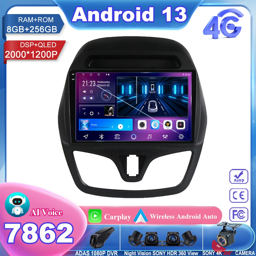 7862 Android13 For Chevrolet Spark Beat 2015-2020 Car Radio 5G wifi Stereo Multimedia Player GPS Navigation HDR QLED No 2din CPU