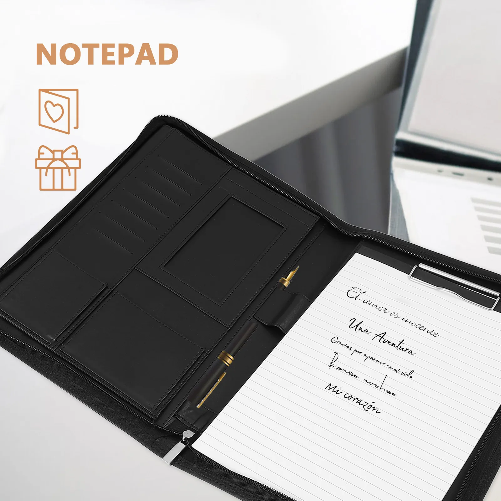 A4 Multifunctional Zipper Portfolio Organizer Folder with Notepad & Calculator Slots for Office School