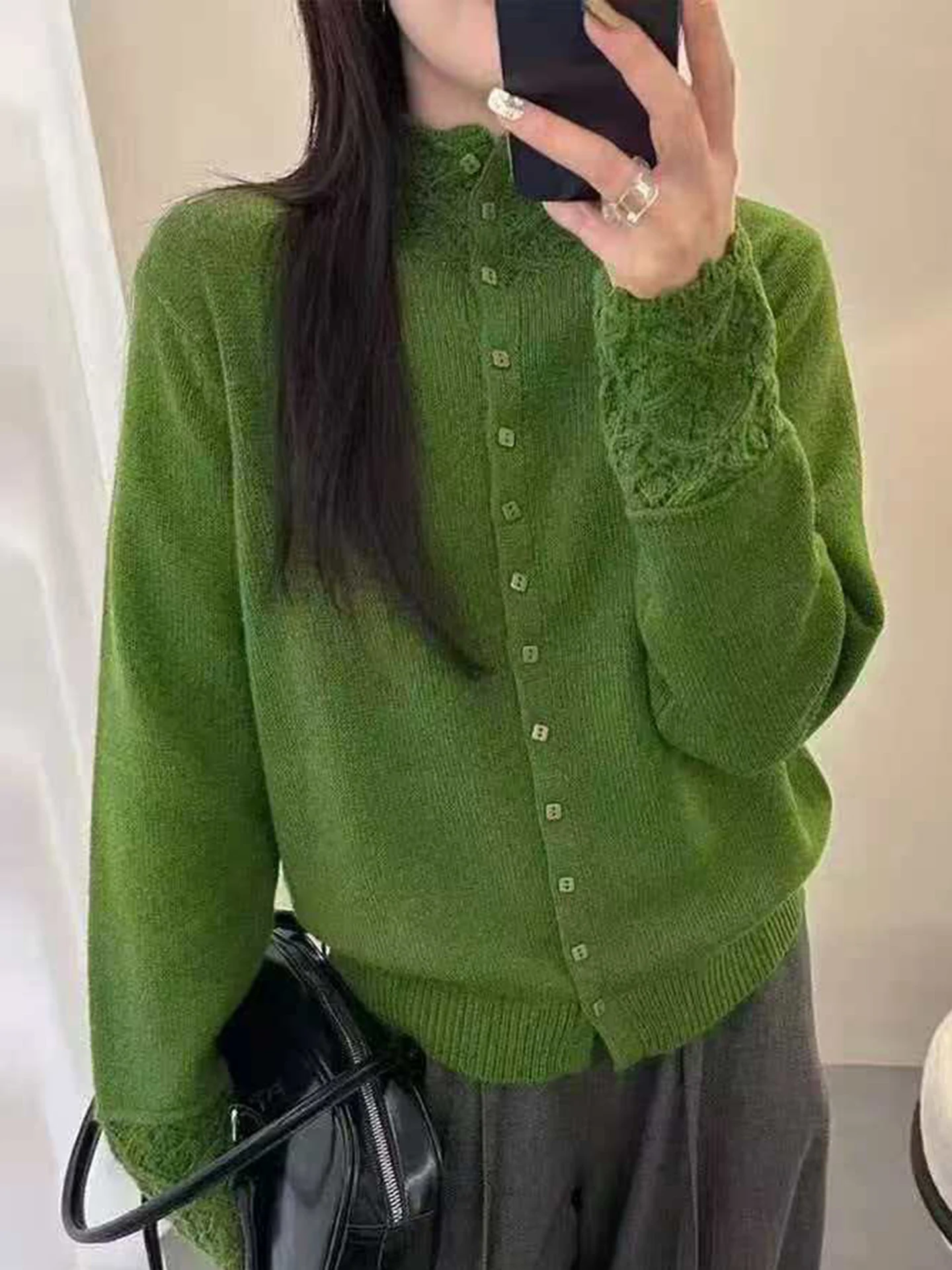 Suéter de malha vermelho retrô com gola vazada, botão único, moda versátil, agasalhos para mulheres