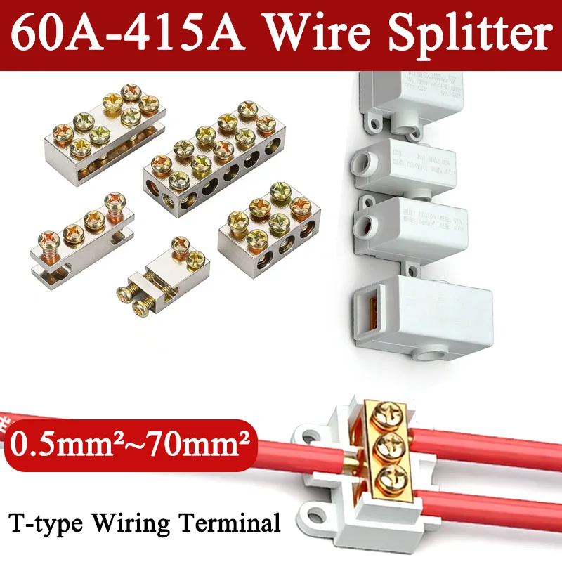 T-type Wire Splitter Clamp Terminal Block Non-break Cable Branch Plug High-power Cable Connector 60A-415A Copper Terminal 1000V