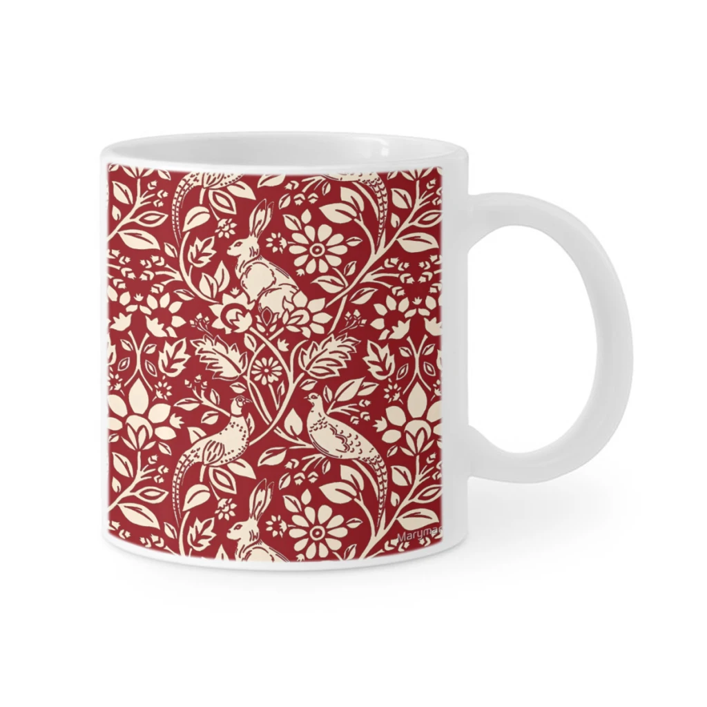 11oz Pheasant and Hare Pattern, Deep Red and Cream Coffee Mug Milk Tea Cup Insulated for Hot or Cold Beverages Portable Cup