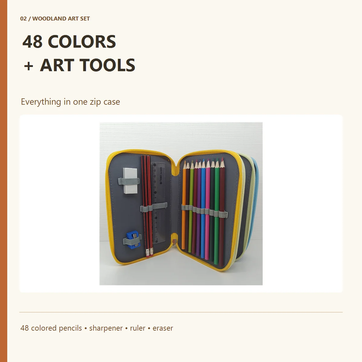 48-Color Colored Pencil Set with 3-Layer Zipper Case, Sharpener, Ruler & Eraser, Woodland Deer Print Art Set, 19.5 x 12.5 x 6 cm