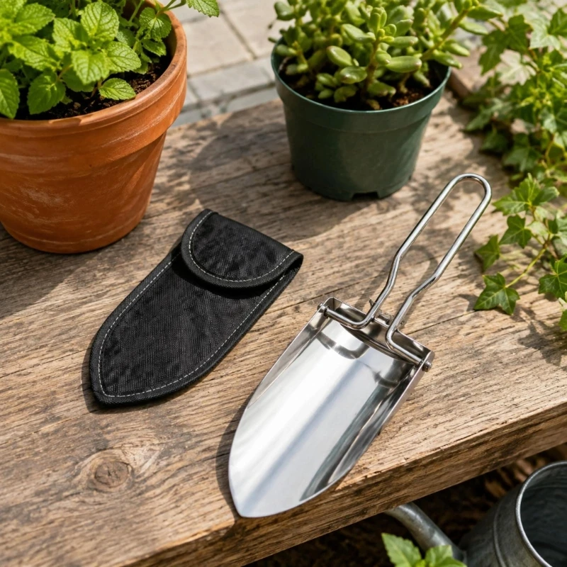 Stainless Steel Hand Shovel with Foldable Handle, Pointed and Cloth Storage for Packable Outdoor Storage M4YD