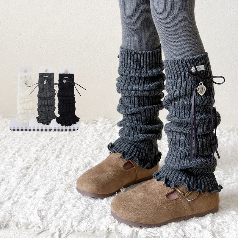 Sweet Lolita Style Kids Girls Leg Warmers Ruffle Edge Leg Covers Bow Heart Solid Color Warm Knee High Socks for Girls