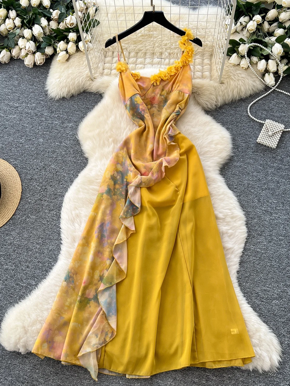 Pure Desire Design Unregelmäßige Spleißen Floral Chiffon Dr Frauen 3D Blume Taille Cinching Strap Lange Dr Koreanische Sle High...