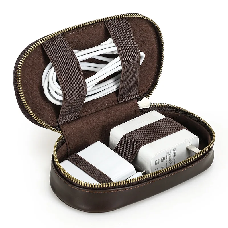 

Handmade Genuine Leather Digital Storage Bag Portable Travel Organizer Charger Data Cable Pouch Earphone Upholder Bag