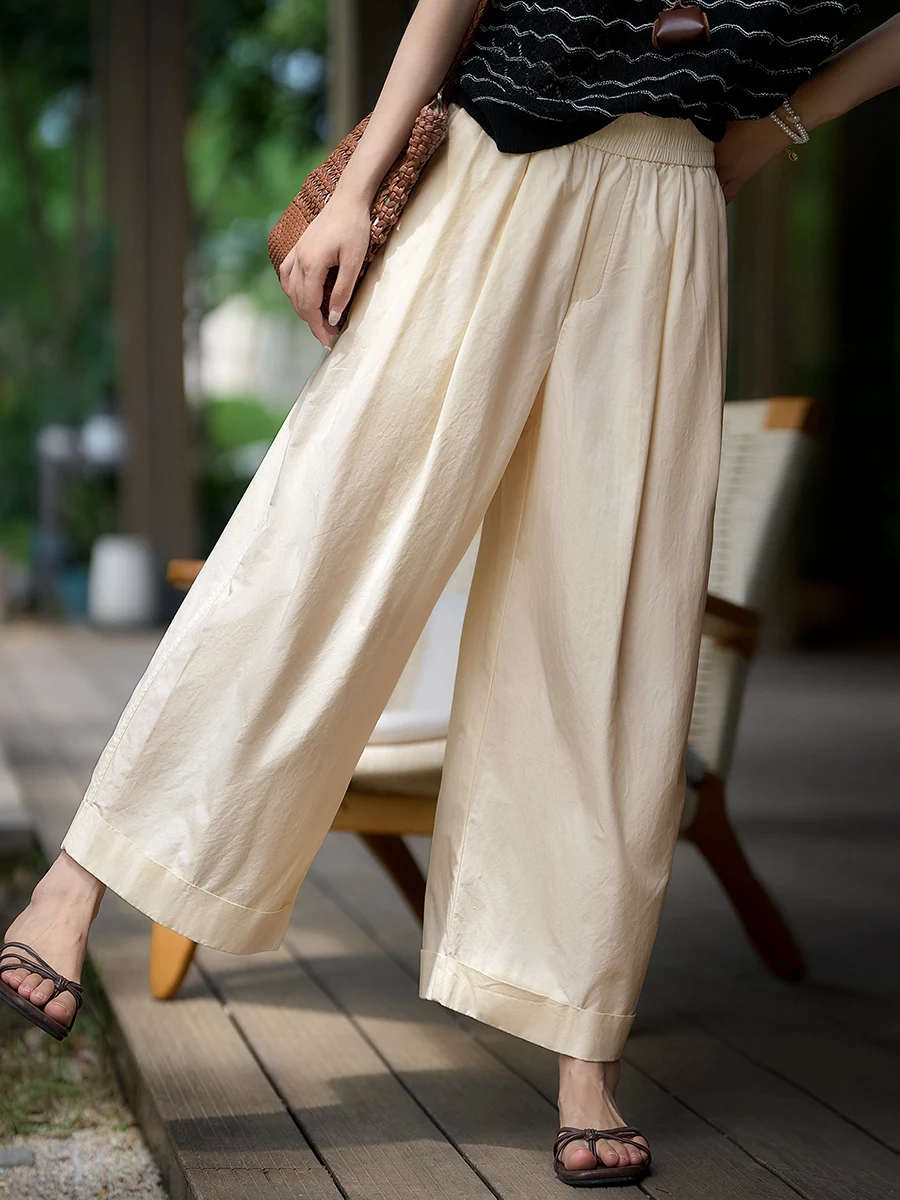 Xhange Casual Wide Leg Pants Lightweight Lyocell Cotton Slimming Nine Points Summer Autumn High Waist Loose Fit Straight Tube