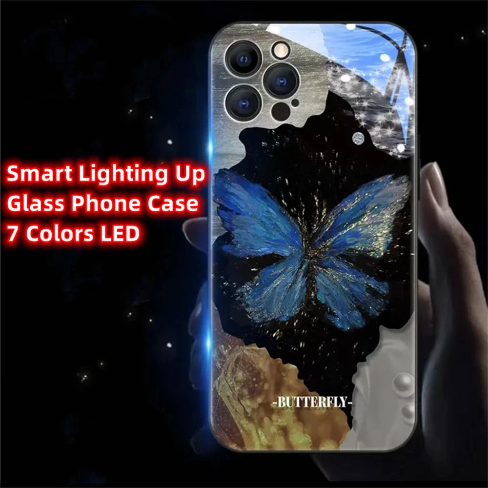 Butterfly Moonlight Voice Sensing LED Light Up Glowing Luminous Phone Case For iPhone 16 15 14 13 12 11 Pro Max XR XS Plus SE