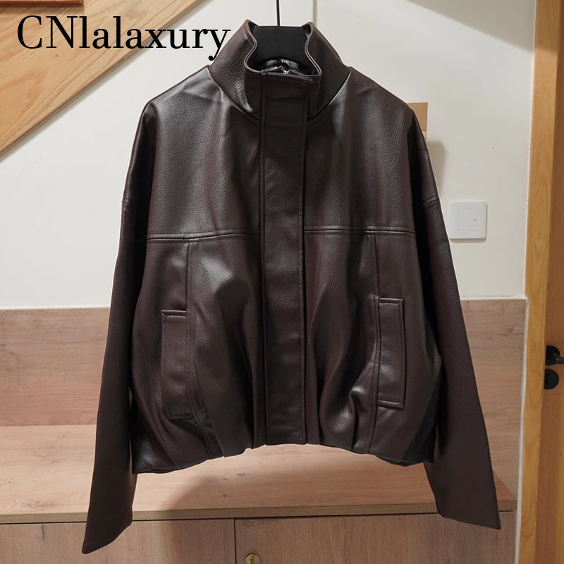 Women's Bomber Jacket 2026 Fashion Short Faux Leather Pilot Jacket with Zipper Pockets Solid Color Stand Collar Chic Coat