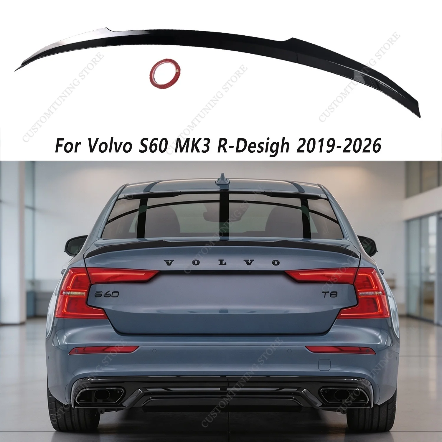 For Volvo S60 MK3 R-Desigh 2019-2026 Gloss Black Max Style ABS Rear Spoiler Caps Rear Trunk Tail Wing Bodykits Tuning