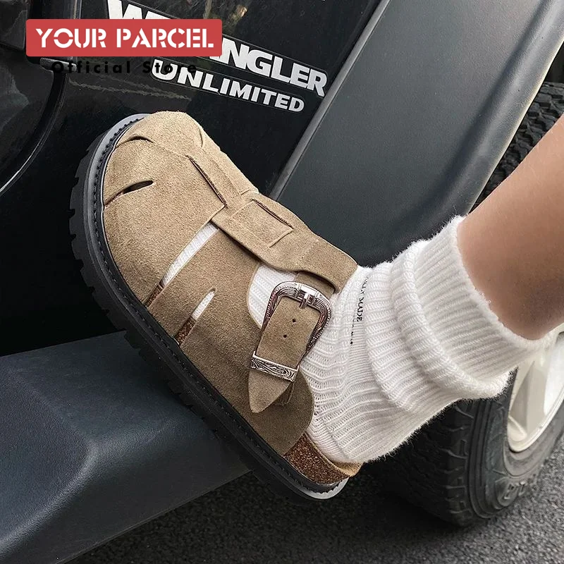 Original New Summer Birken shoes Men Woven Cowhide Elevated External Wearing Slippers Anti Odor Anti slip Hollow Beach Sandals