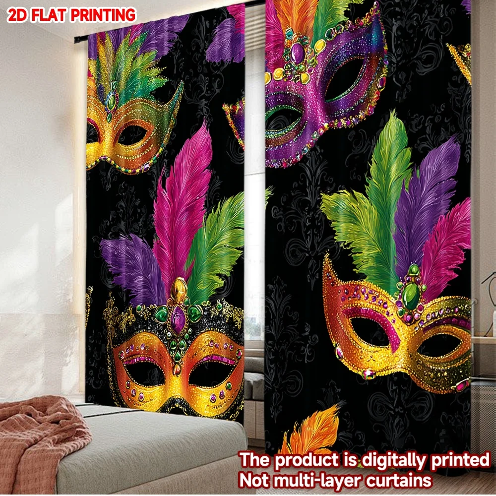 2D flat printing 2pcs Curtain Curtain Mardi Gras Colorful Masks(1) Digital Printed Polyester Drapes All Season Party & Holiday