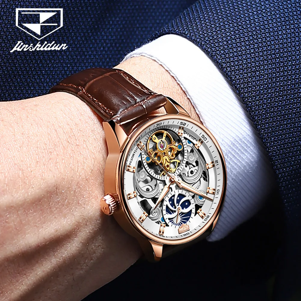 JSDUN 8922 Top Brand Classic Mechanical Watch For Men Hollow Skeleton Moon Phase Wrist Watches Original Waterproof Hand Clock