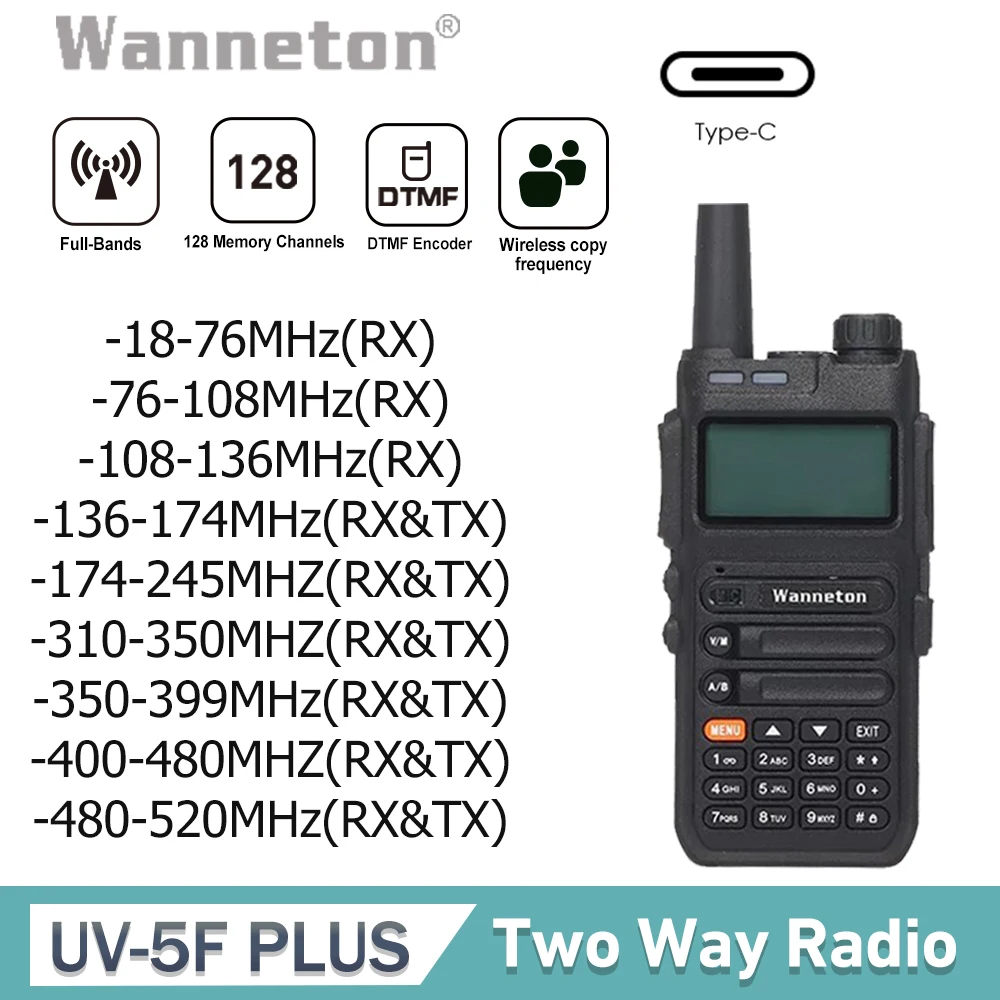 

Wanneton UV-5FPLUS 5W 18-520MHz полнодиапазонная рация, функция копирования частоты Tpye-C Charyer двухсторонняя рация