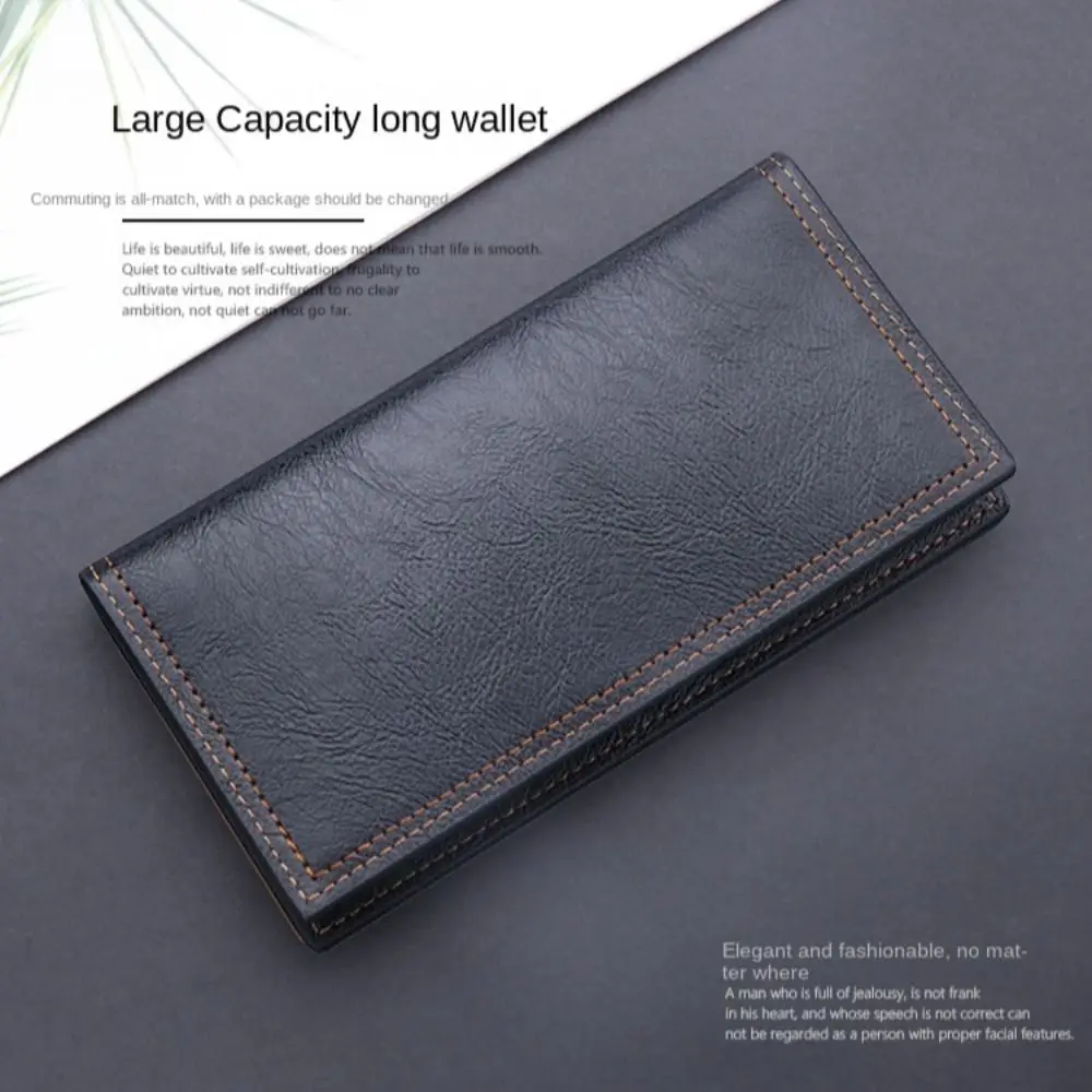 Portable Oil Wax Leather 2 Fold Purse Large Capacity Multi-position Men's Hand Bag Retro Wear-resistant Men's Long Wallet Male