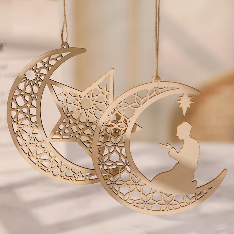 3Pcs Eid Mubarak Wooden Hanging Ornaments Hollowed Star Moon Crafts Pendant Islamic Muslin Gifts Ramadan Kareem Home Party Decor