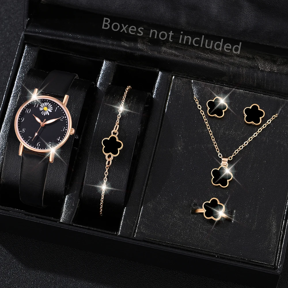 

6 шт./компл. черные женские часы, модные модные цветочные элементы, кварцевые часы, браслет, ожерелье, серьги, комплект, идеальный праздничный подарок