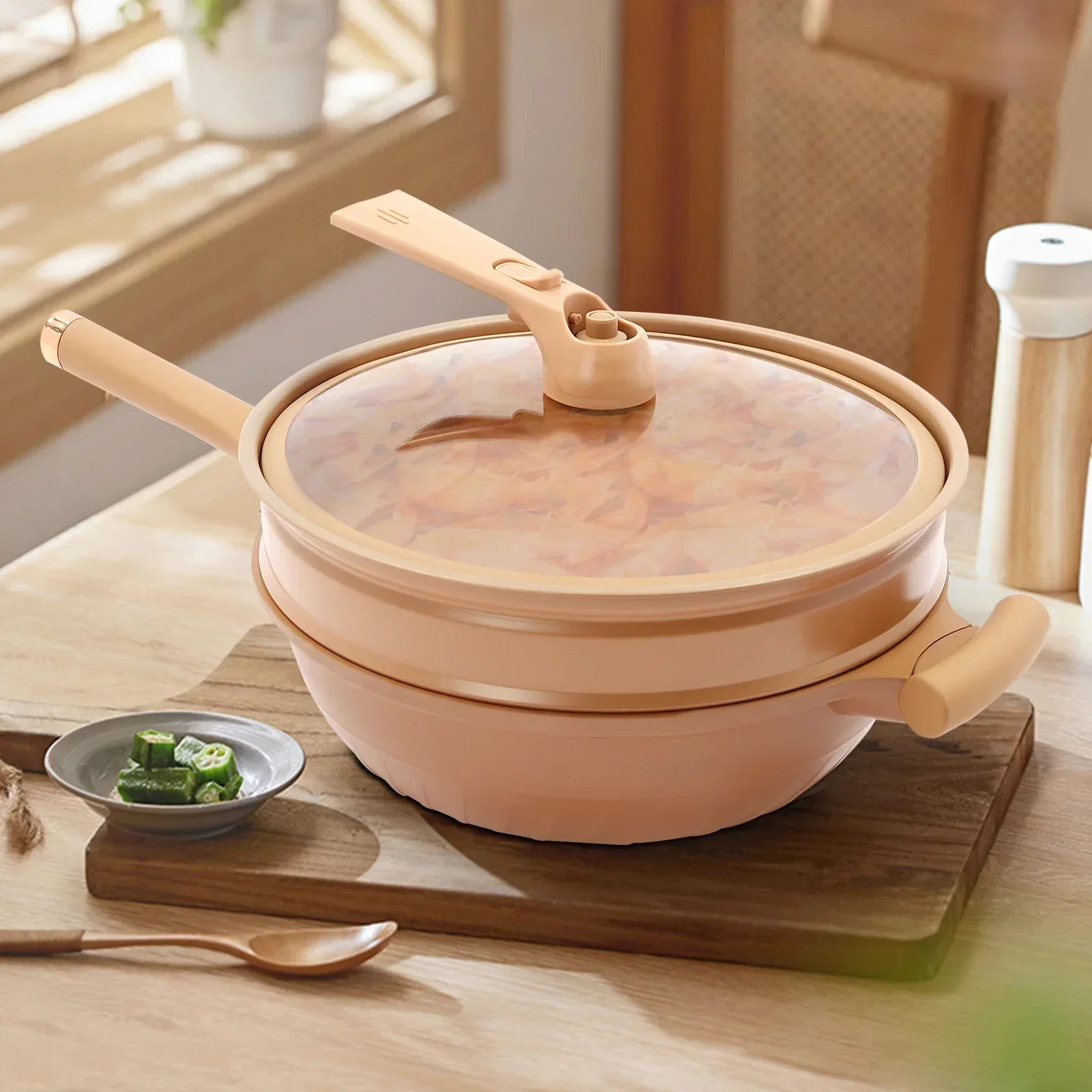 Multifunctional Non-Stick Clay Pot Micro Pressure Cooker with Steamer Basket  58*24cm Kitchen Cookware for stir-frying steaming