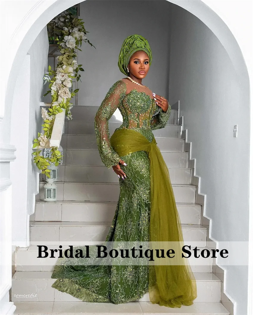 Luxury Green African Evening Dress 2024 Long Sleeves Crystal Beading Formal Prom Party Gowns Wedding Gowns Vestidos