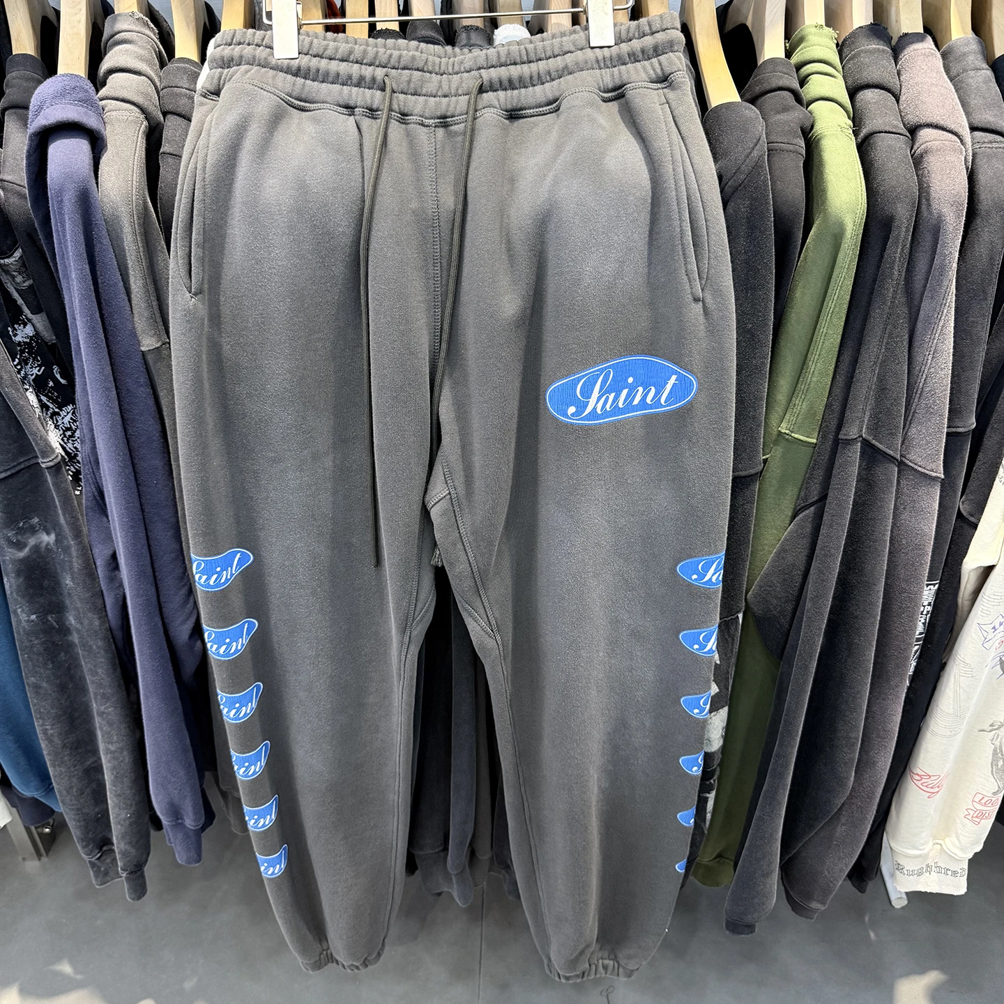 

High Quali Cra SAINT Letter Print Destroyed Vintage Loose Dstring Long Pants Cuffed Trousers Trendy Men Women Casual P...