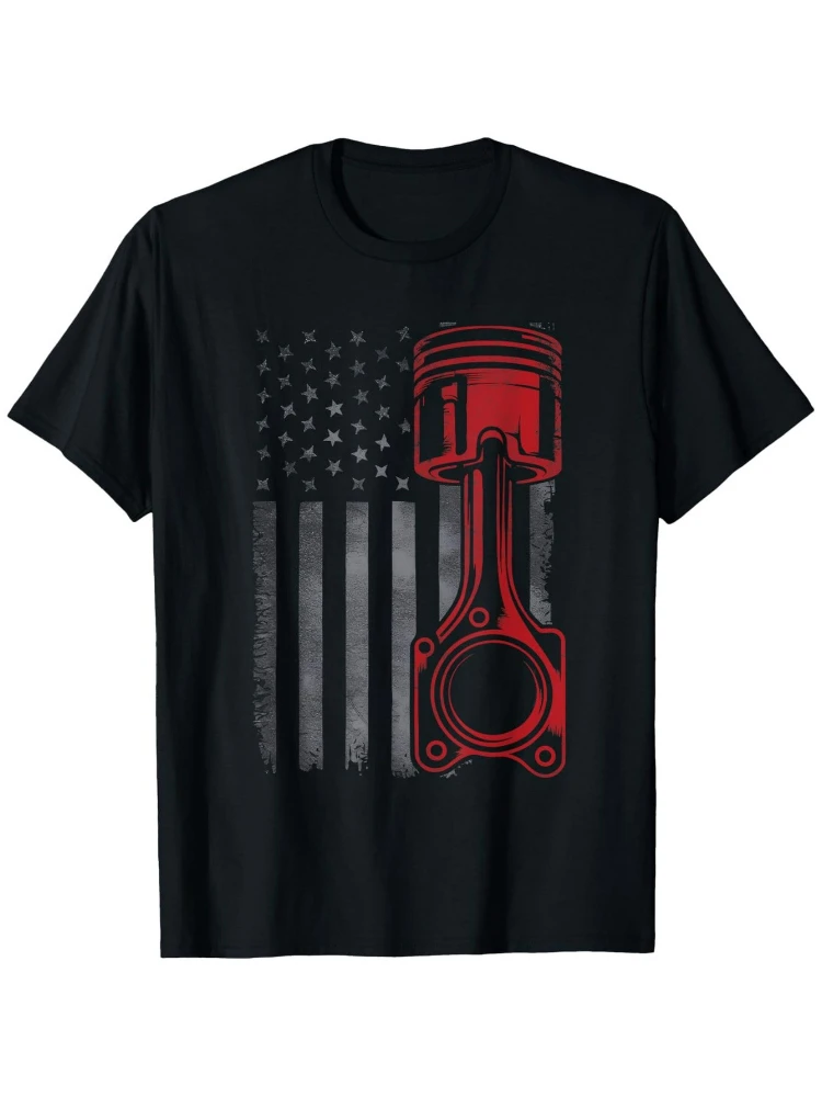 Vintage Piston Funny Muscle Car Mechanic Flag USA Patriotic  pattern-100% cotton O-neck short sleeve  printed men's T-shirt .