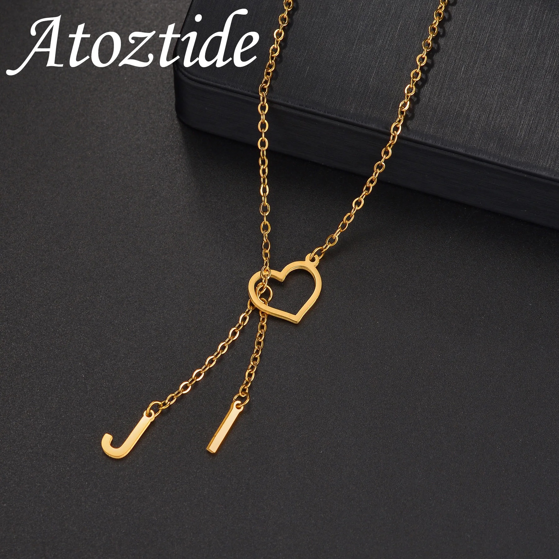 Atoztide Custom 2 Letter Necklace for Women Stainless Steel Jewelry Hollow Heart Choker Chain Personalized Christmas Gift