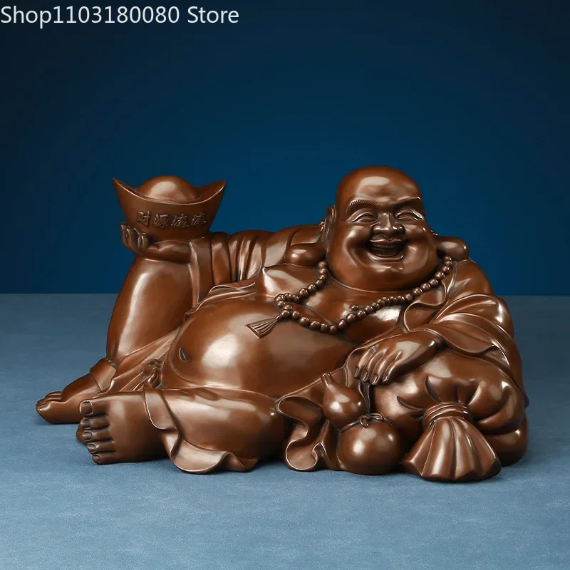 Red copper Maitreya buddha statue Chinese  big belly smiling Happy Buddha Hold ingot Yuanbao sculpture Lucky  home decor